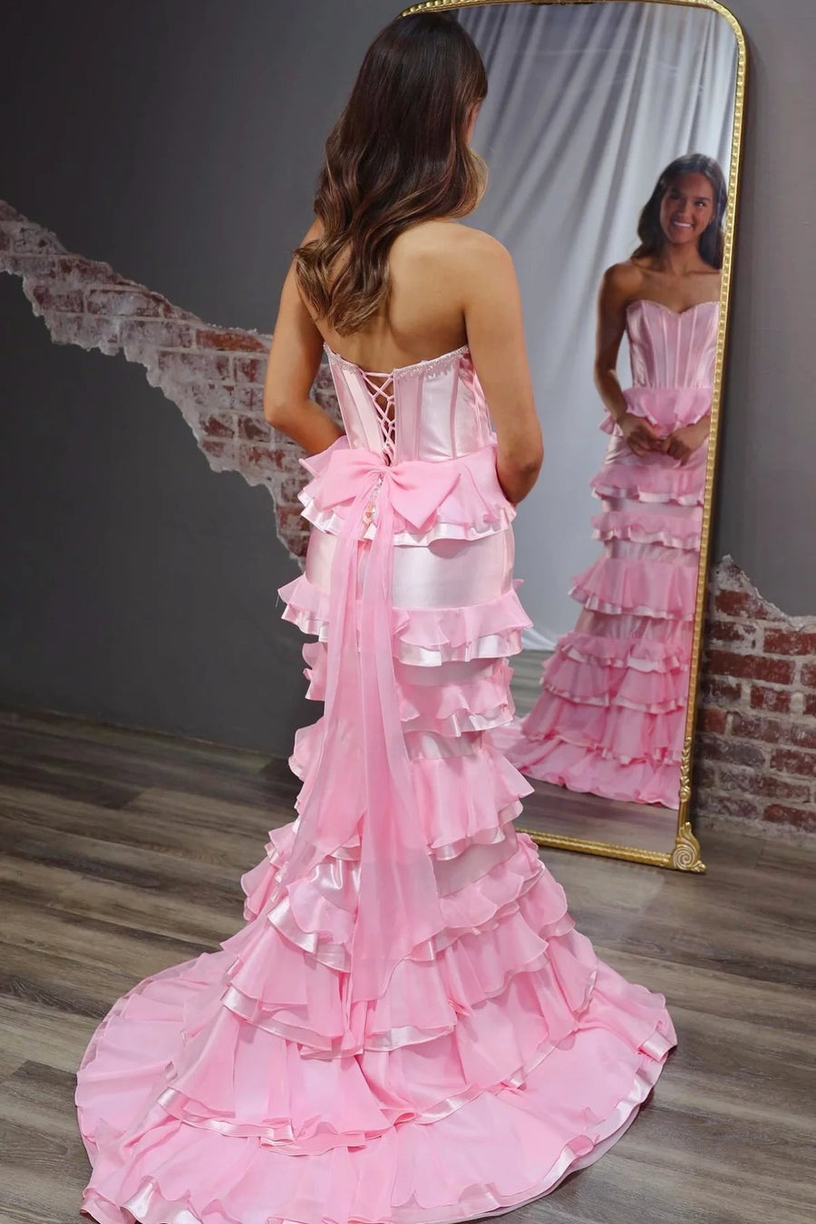 Ruffle Tiered Mermaid Satin And Chiffon Strapless Prom Dress