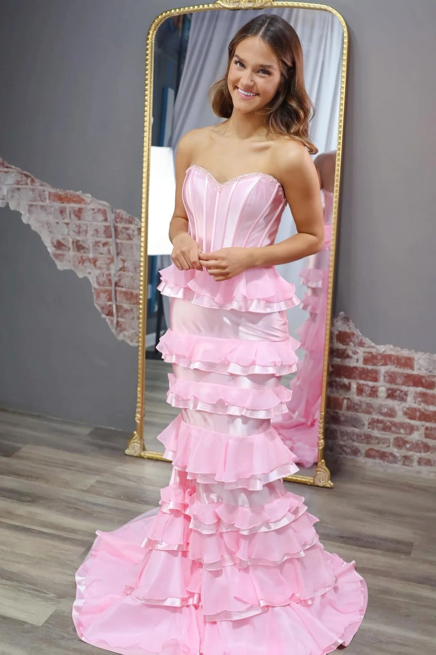 Ruffle Tiered Mermaid Satin And Chiffon Strapless Prom Dress