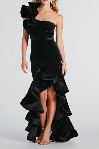 Ruffled One Shoulder Sleeveless Velvet Prom Dress With Slit