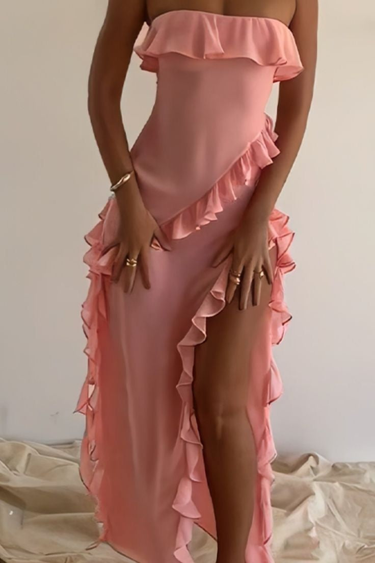 Ruffled Strapless Empire Party Prom Dress With Slit