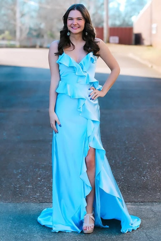 Ruffled V-Neck Sleeveless Party Prom Dress With Slit