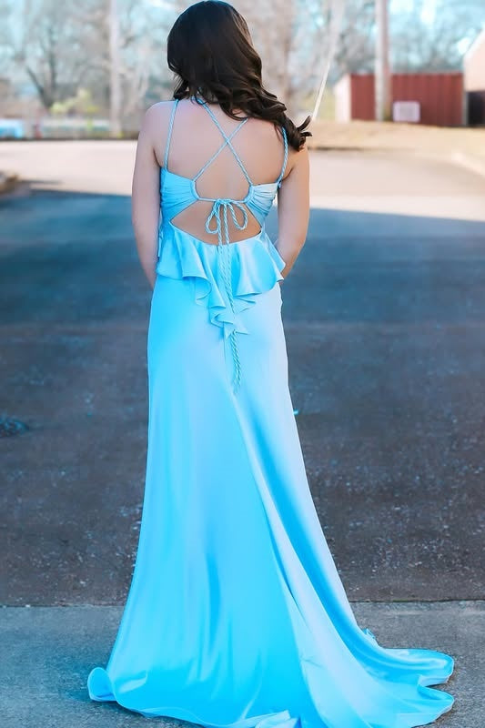 Ruffled V-Neck Sleeveless Party Prom Dress With Slit