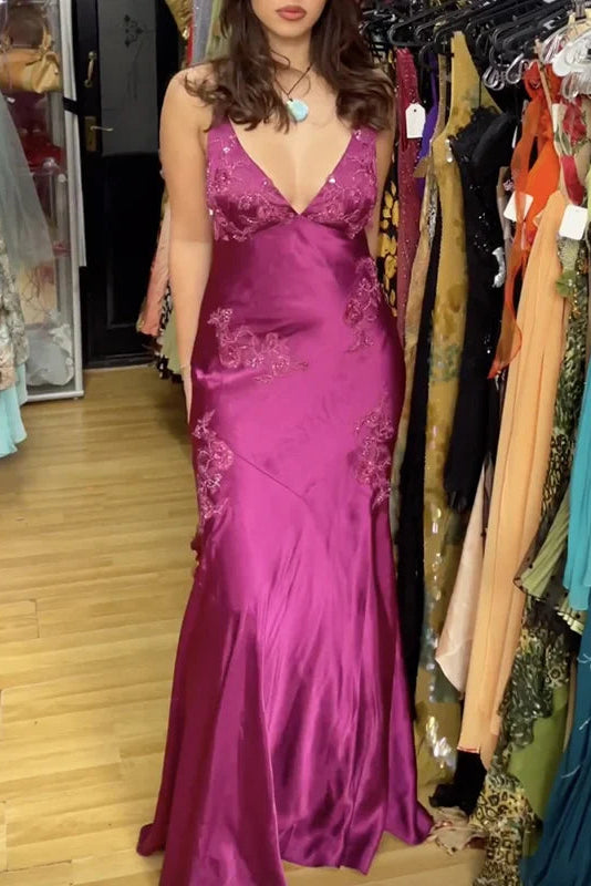 Backless V-Neck Appliques A-Line Party Prom Dress