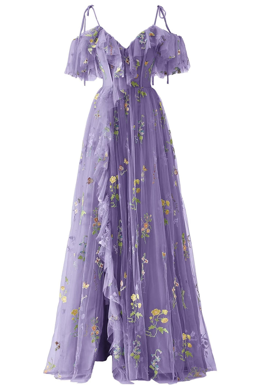 Lavender Off-the-Shoulder Embroidery Ruffled Long Prom Dress with Slit