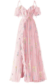 Pink Off-the-Shoulder Embroidery Ruffled Long Prom Dress with Slit