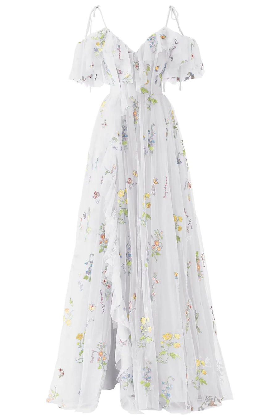 Tulle A-Line V-Neck Off-Shoulder Floral Prom Party Dress