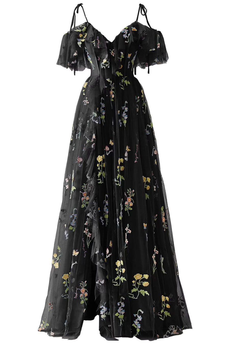 Tulle A-Line V-Neck Off-Shoulder Floral Prom Party Dress