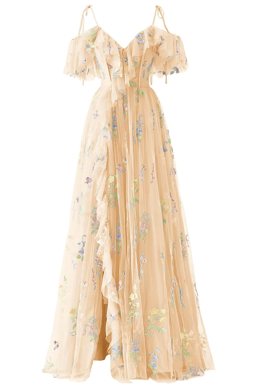 Tulle A-Line V-Neck Off-Shoulder Floral Prom Party Dress