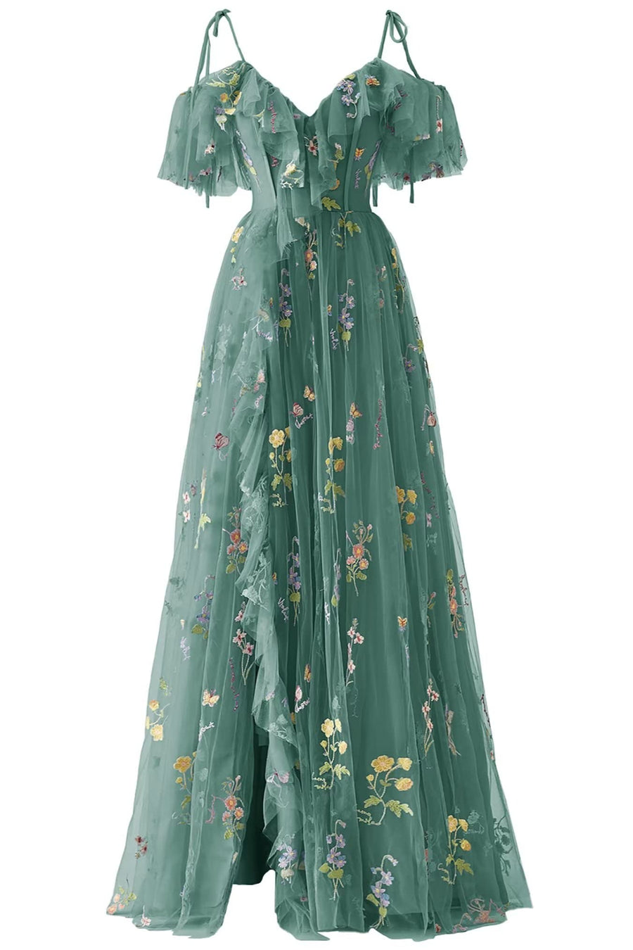 Tulle A-Line V-Neck Off-Shoulder Floral Prom Party Dress