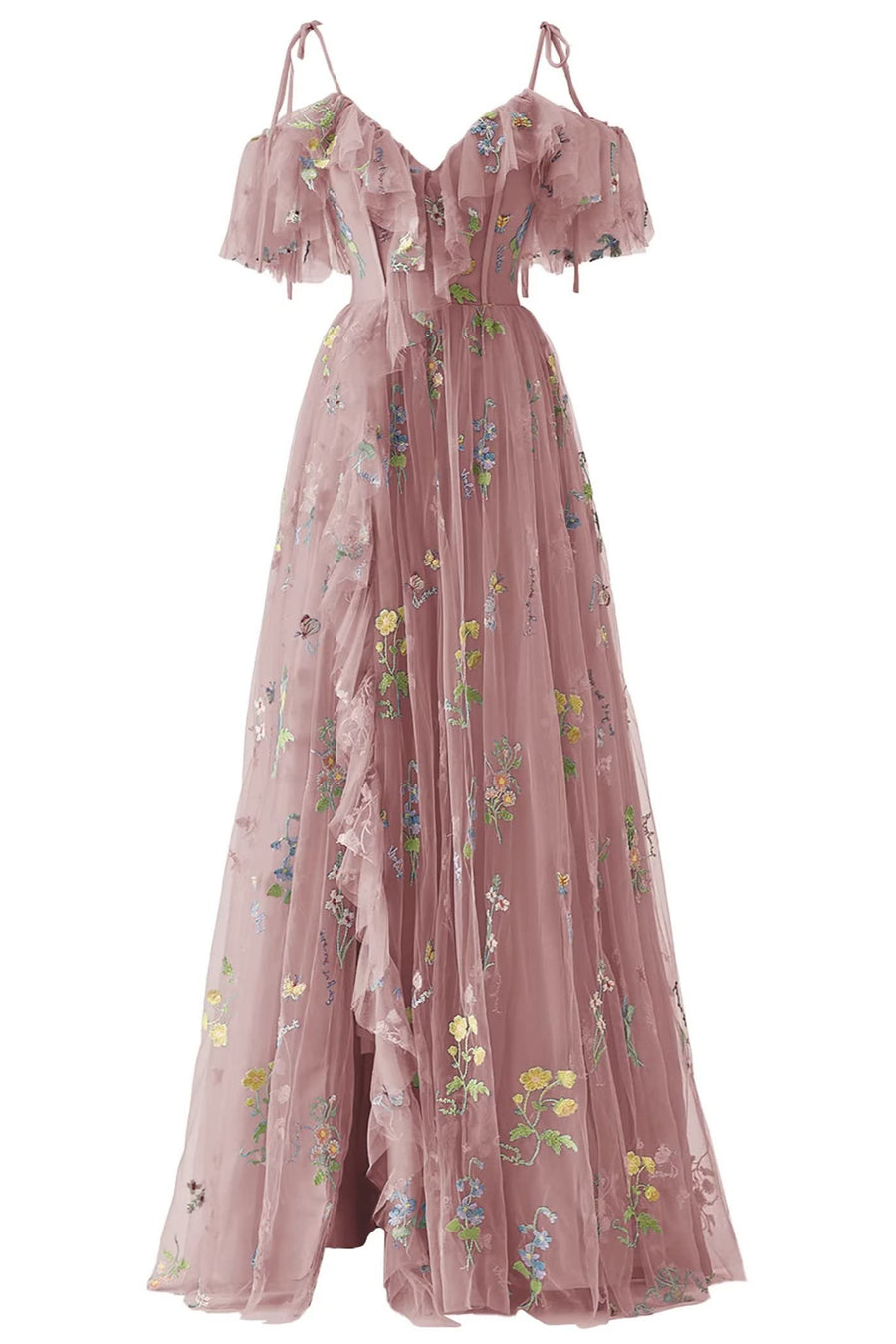 Tulle A-Line V-Neck Off-Shoulder Floral Prom Party Dress