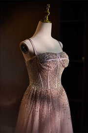 Dusty Pink A-line Sequined Tulle Straps Long Prom Dress