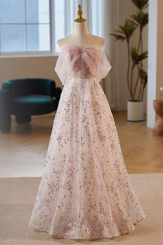 Dusty Pink Off-Shoulder A-line Sequined-Embroidery Tulle Long Prom Dress