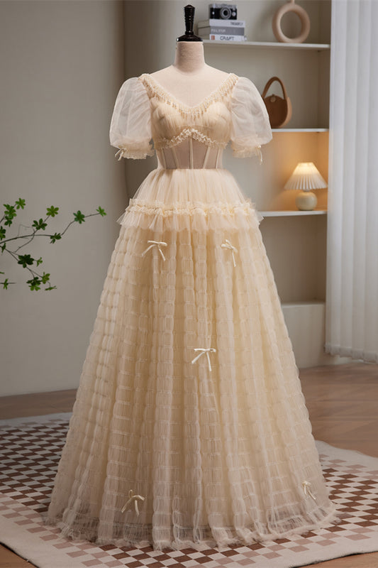 Lace-Up V-Neck Ruffle Pleated Long Prom Dress     S5141 main image 1