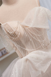 Ivory Straps Beading Bows Ruffle Pleated Long Prom Dress