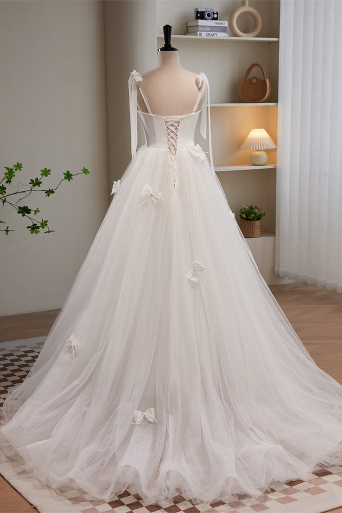 Ivory Bow Tie Shoulder Pearl Bows Tulle Long Wedding Dress Ivory / US 6