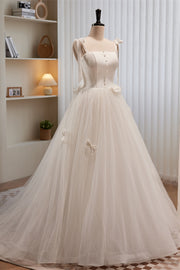 White Bow Tie Shoulder Pearl Bows Tulle Long Prom Dress