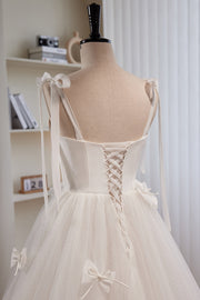 White Bow Tie Shoulder Pearl Bows Tulle Long Prom Dress