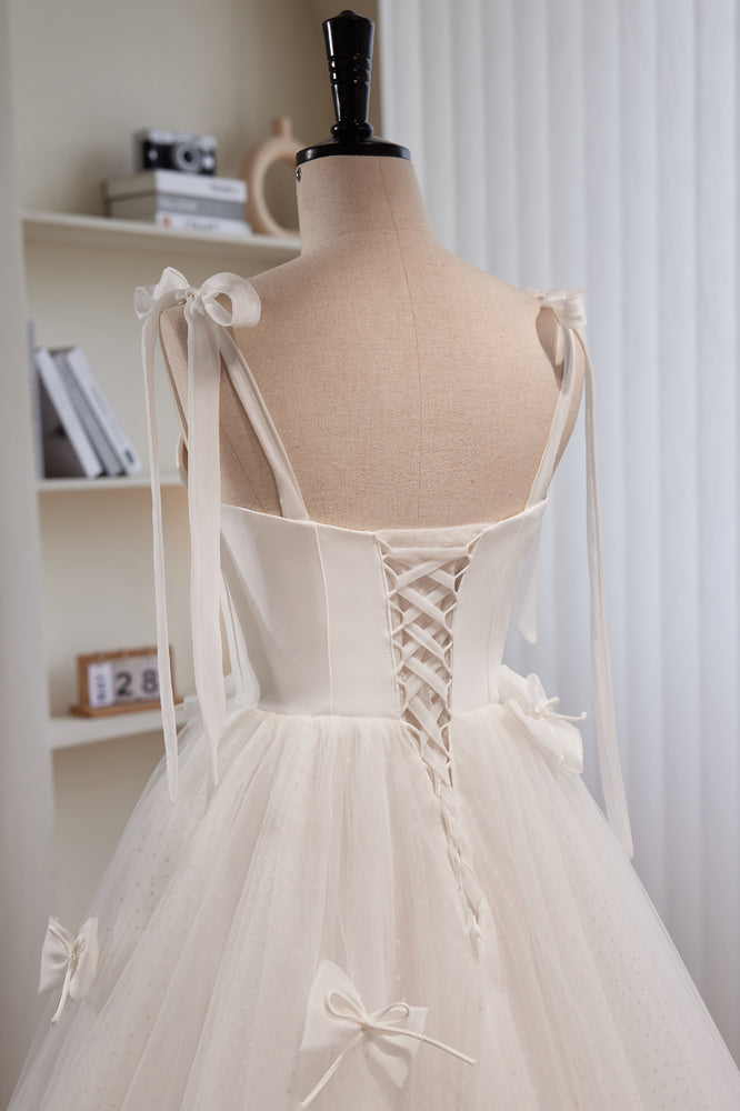 Ivory Bow Tie Shoulder Pearl Bows Tulle Long Wedding Dress Ivory / US 6 Ivory Bow Tie Shoulder Pearl Bows Tulle Long Wedding Dress Ivory / US 6