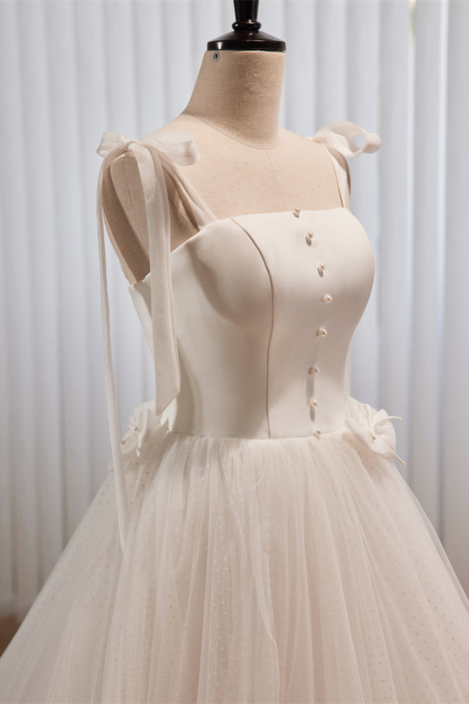 Ivory Bow Tie Shoulder Pearl Bows Tulle Long Wedding Dress Ivory / US 6 Ivory Bow Tie Shoulder Pearl Bows Tulle Long Wedding Dress Ivory / US 6