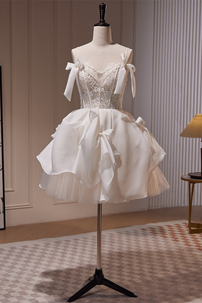 Ivory Straps Bows Lace Top Ruffle Tulle Homecoming Dress
