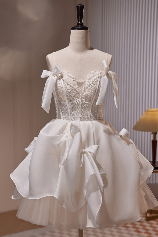 Ivory Straps Bows Lace Top Ruffle Tulle Homecoming Dress