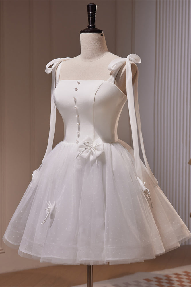Ivory Bow Tie Shoulder Pearl Bows Tulle Homecoming Dress