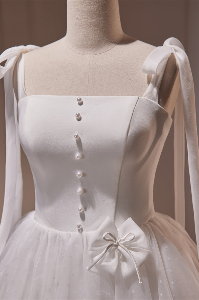 Ivory Bow Tie Shoulder Pearl Bows Tulle Homecoming Dress