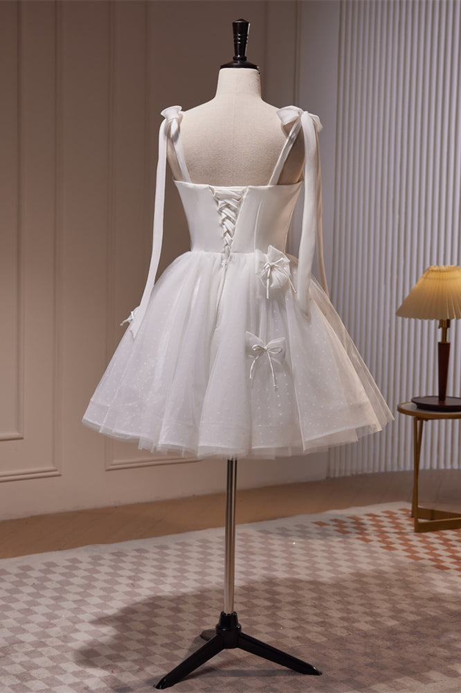 Ivory Bow Tie Shoulder Pearl Bows Tulle Homecoming Dress