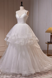 White Pearl Beaded Double Straps Ruffle-Layers Long Wedding Dress