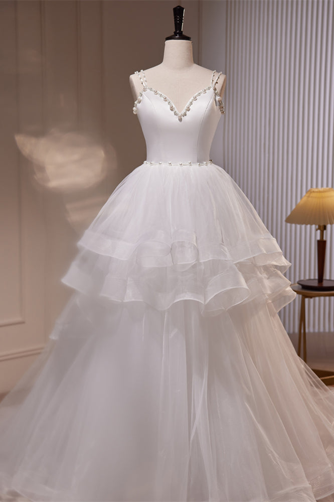 White Pearl Beaded Double Straps Ruffle-Layers Long Wedding Dress