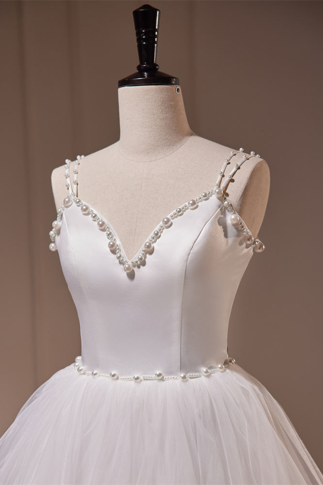 White Pearl Beaded Double Straps Ruffle-Layers Long Wedding Dress