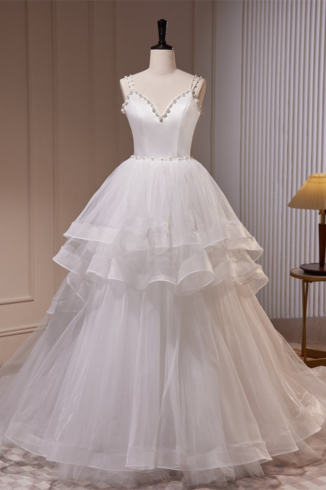 White Pearl Beaded Double Straps Ruffle-Layers Long Wedding Dress