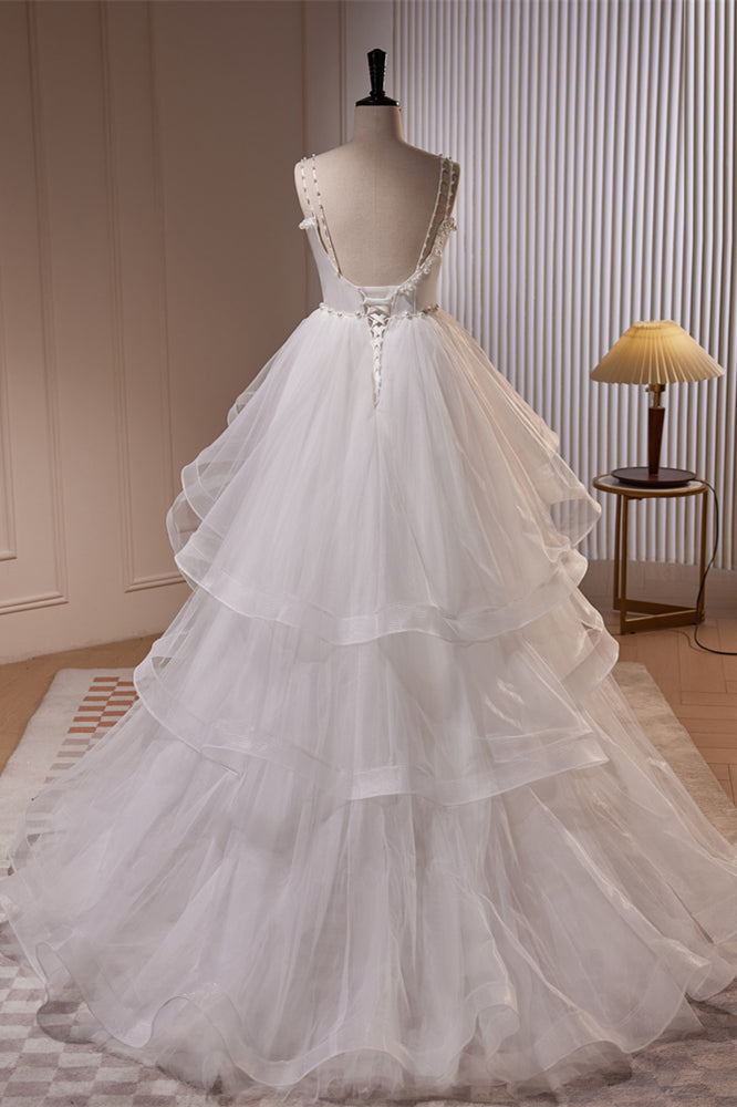 White Pearl Beaded Double Straps Ruffle-Layers Long Wedding Dress