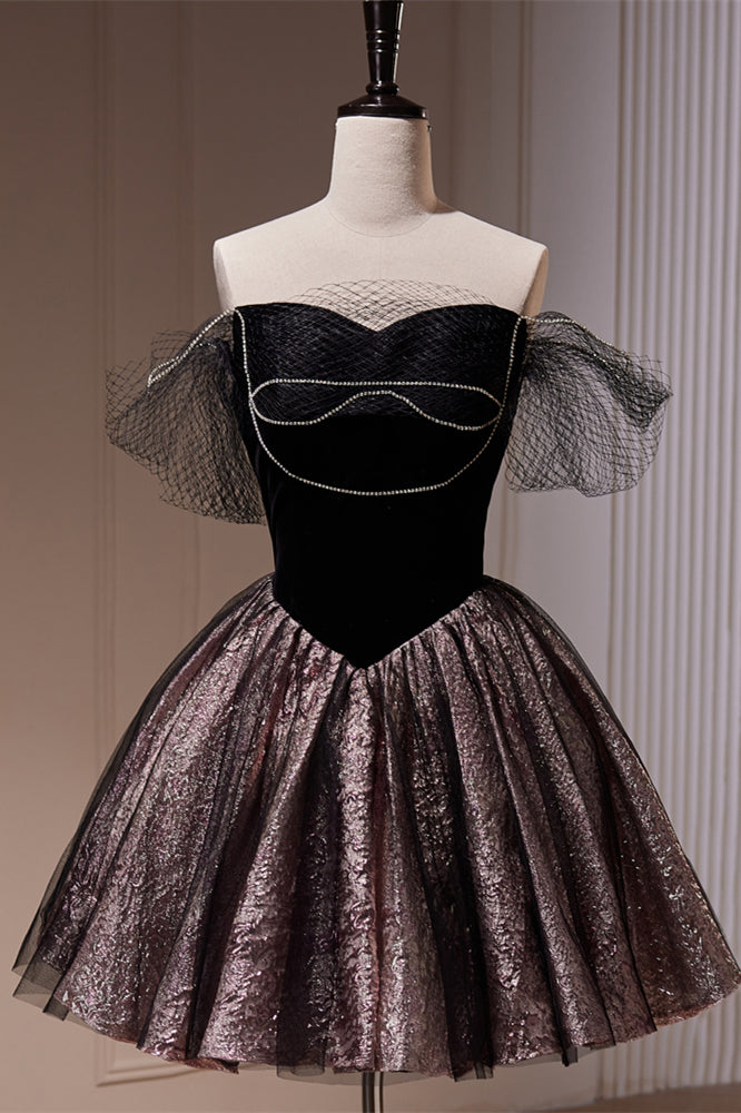 Black Off-the-Shoulder Beaded Homecoming Dress Black / US 6 Black Off-the-Shoulder Beaded Homecoming Dress Black / US 6