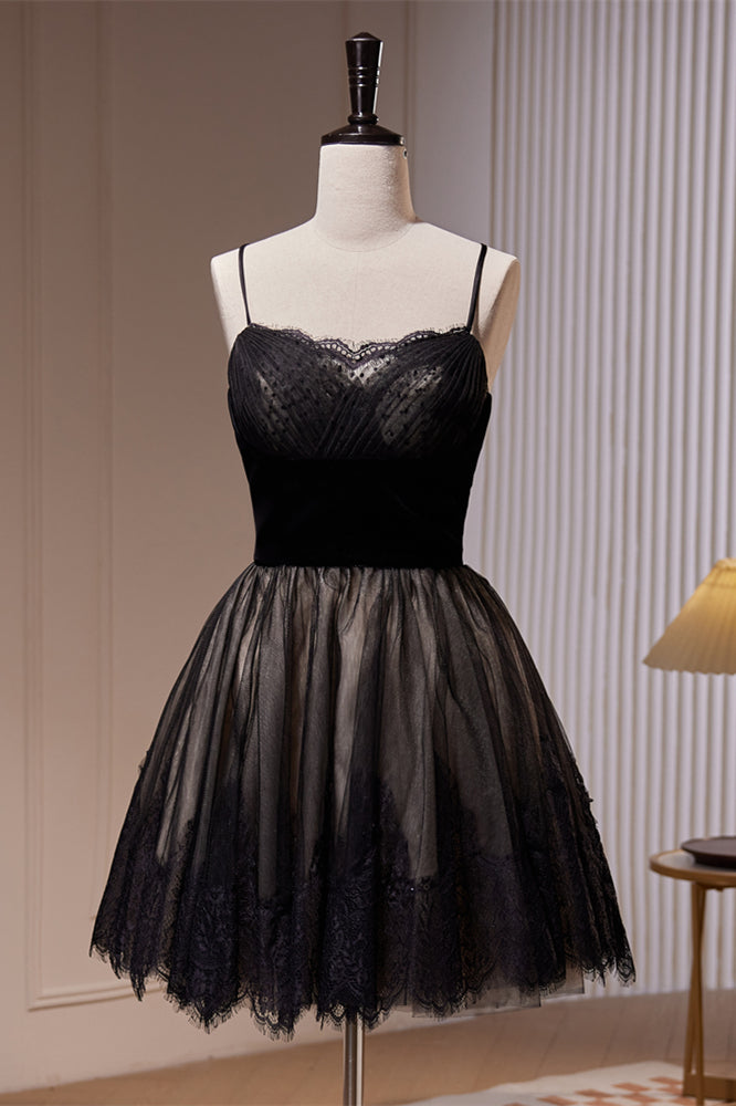 Black Lace Pleated Straps Tulle Homecoming Dress