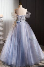 Blue Off-Shoulder 3D Floral Applique A-line Tulle Long Prom Dress