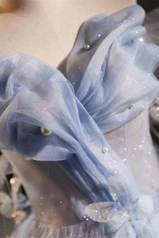 Blue Off-Shoulder 3D Floral Applique A-line Tulle Long Prom Dress