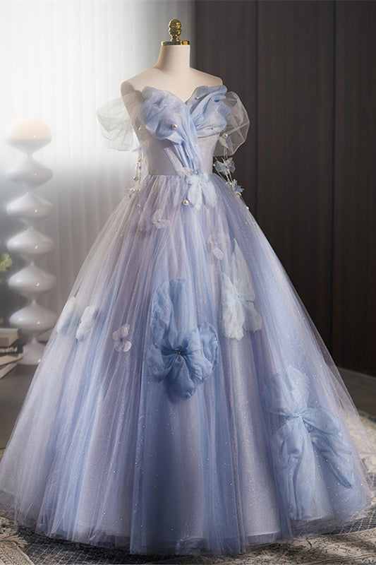 Blue Off-Shoulder 3D Floral Applique A-line Tulle Long Prom Dress