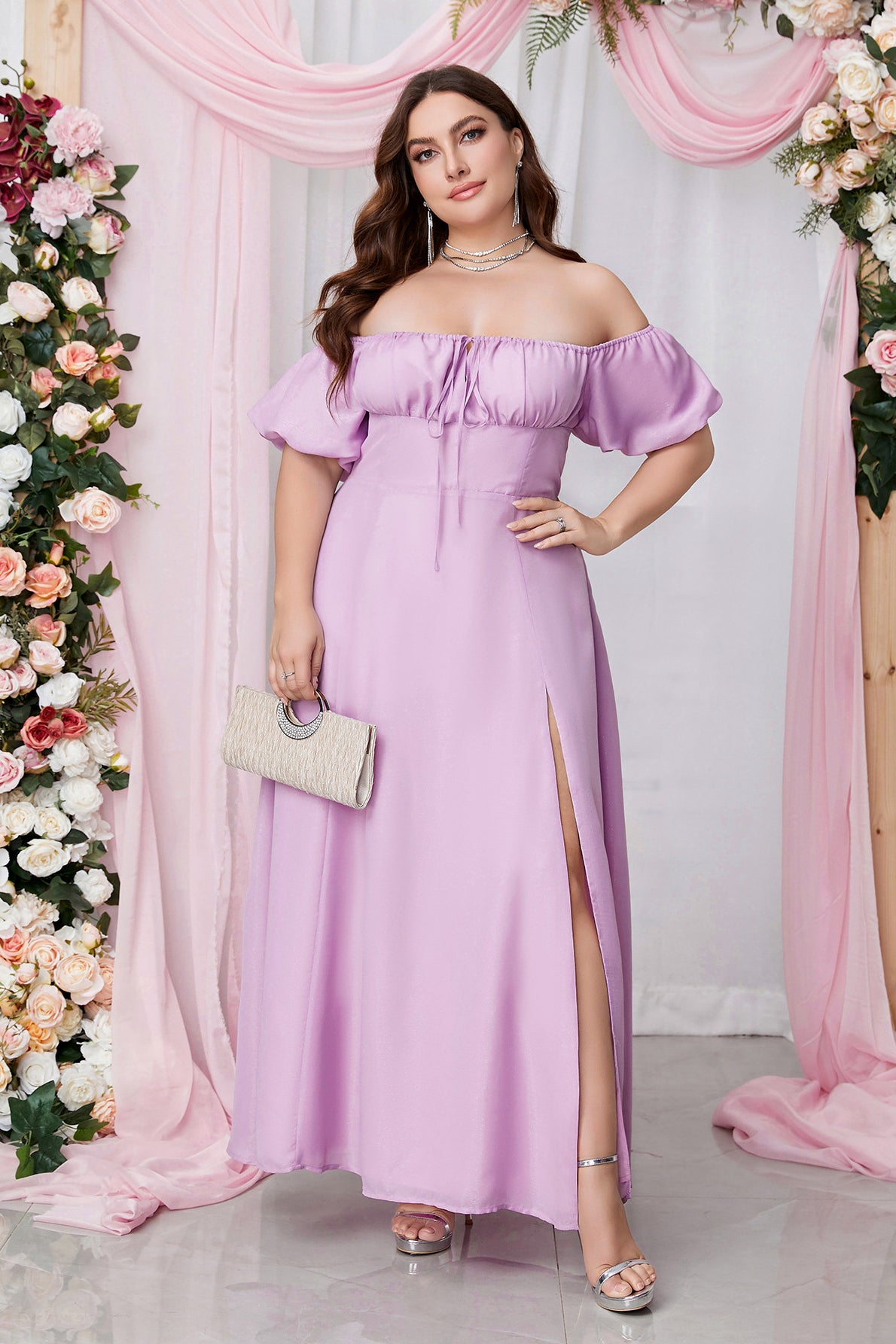 Lavender Off-the-Shoulder Empire Chiffon Long Dress with Slit