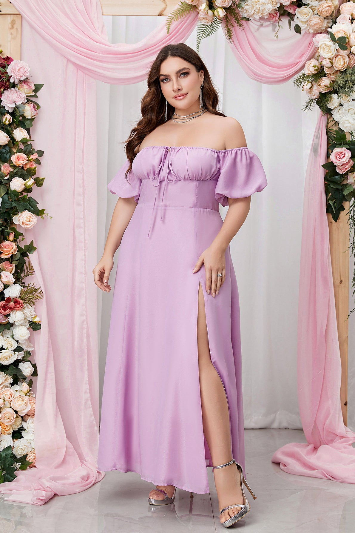 Lavender Off-the-Shoulder Empire Chiffon Long Dress with Slit