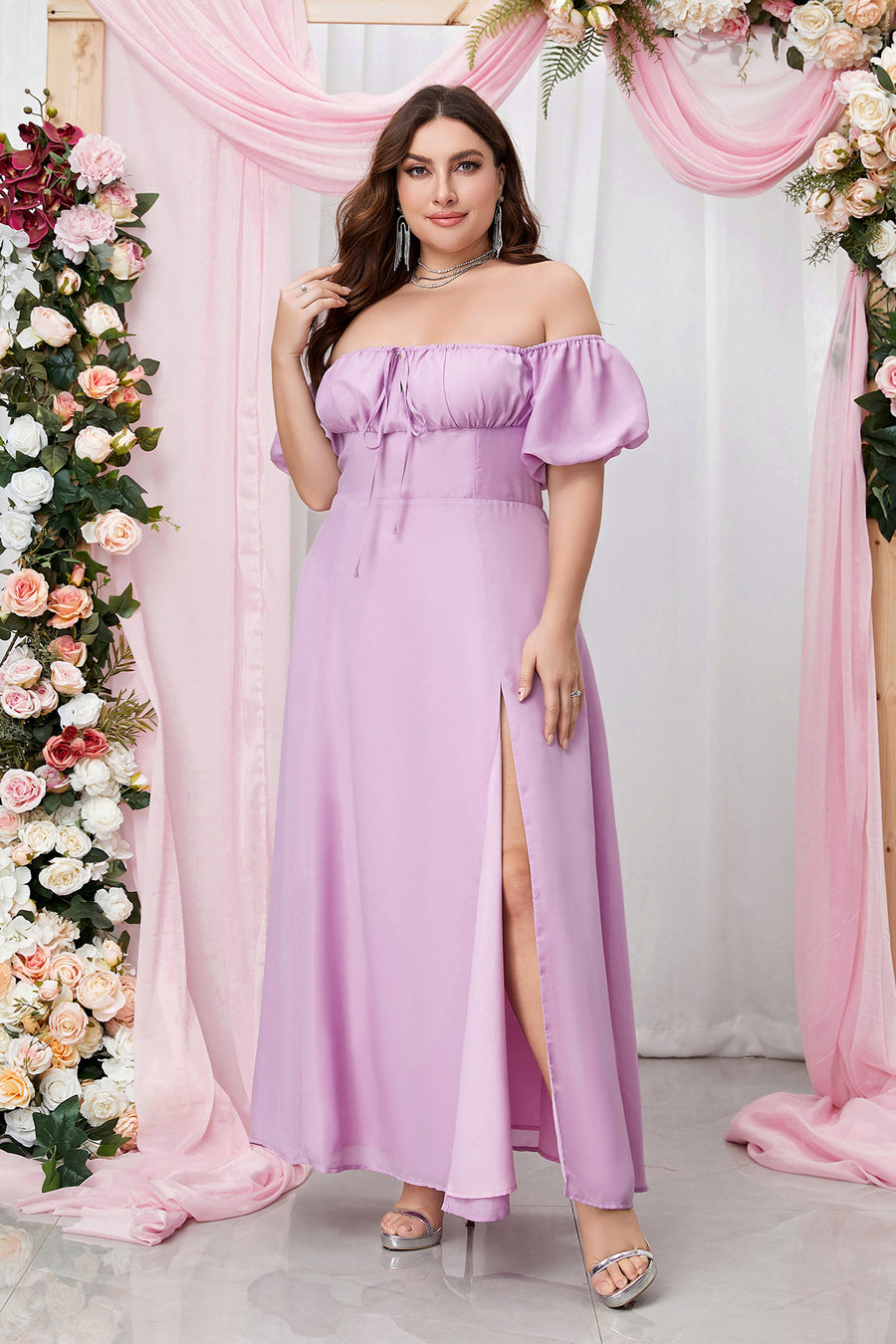 Lavender Off-the-Shoulder Empire Chiffon Long Dress with Slit