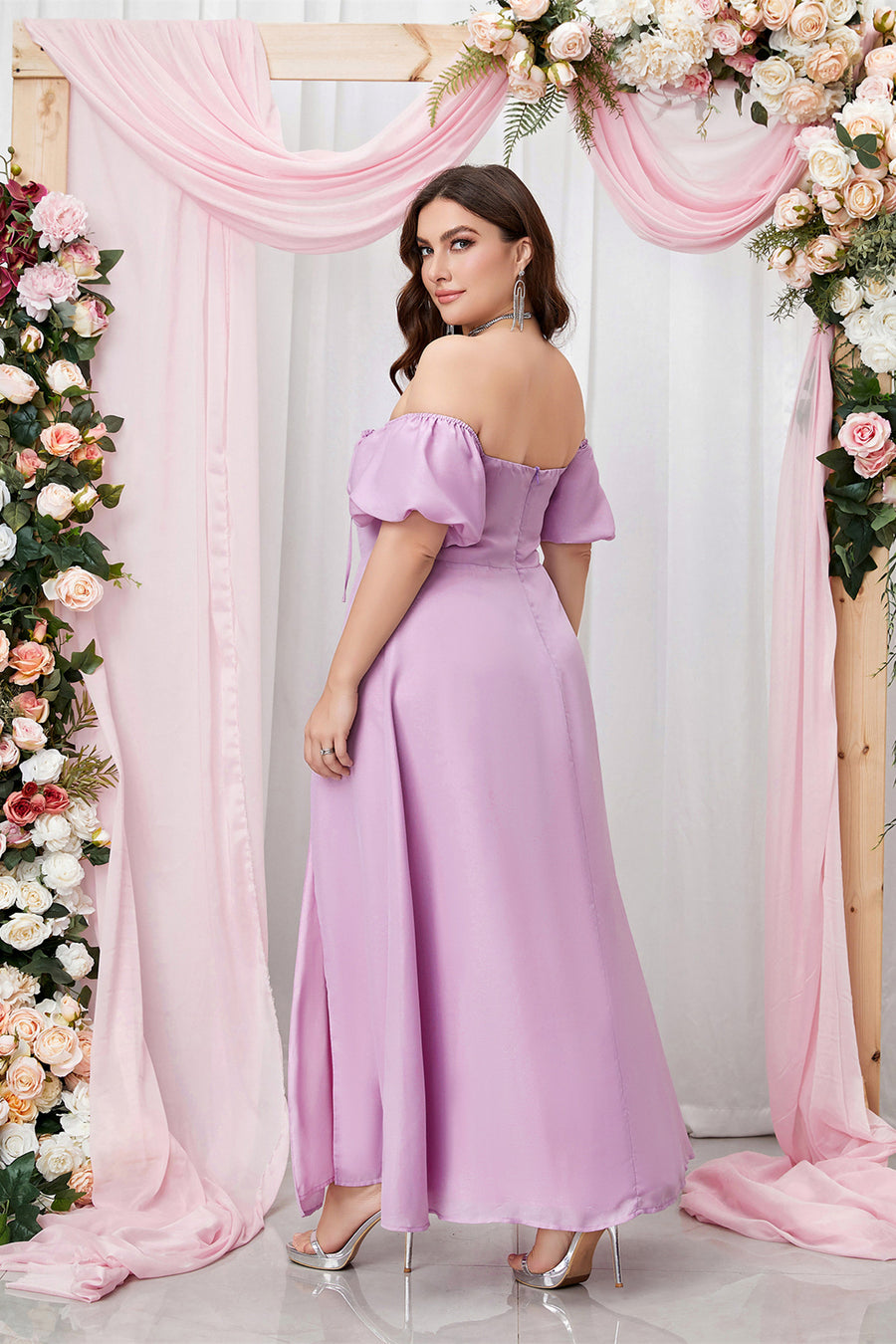 Lavender Off-the-Shoulder Empire Chiffon Long Dress with Slit