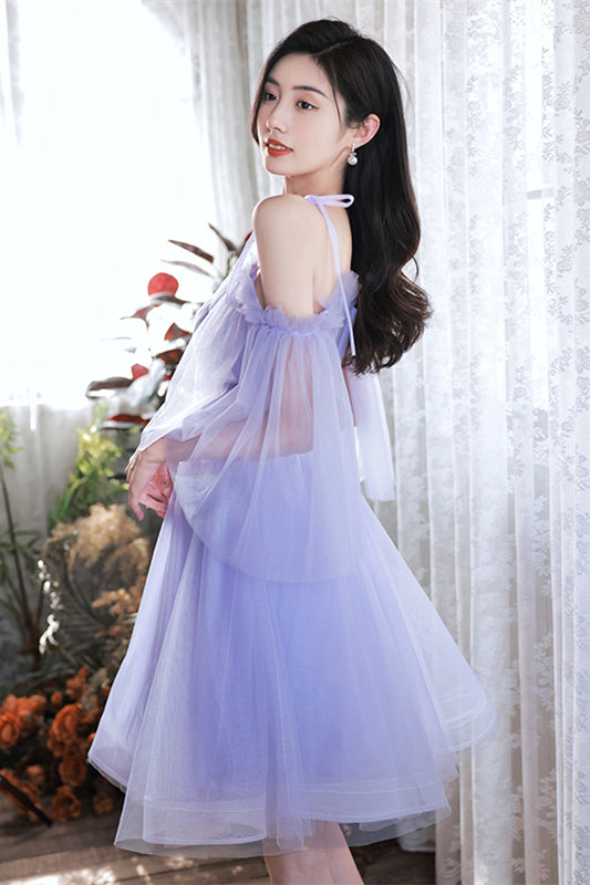 Lavender Flaunting Off-the-Shoulder Bow Tie Shoulder Tulle Homecoming Dress
