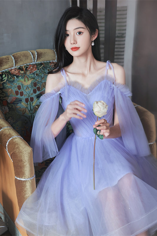 Lavender Flaunting Off-the-Shoulder Bow Tie Shoulder Tulle Homecoming Dress
