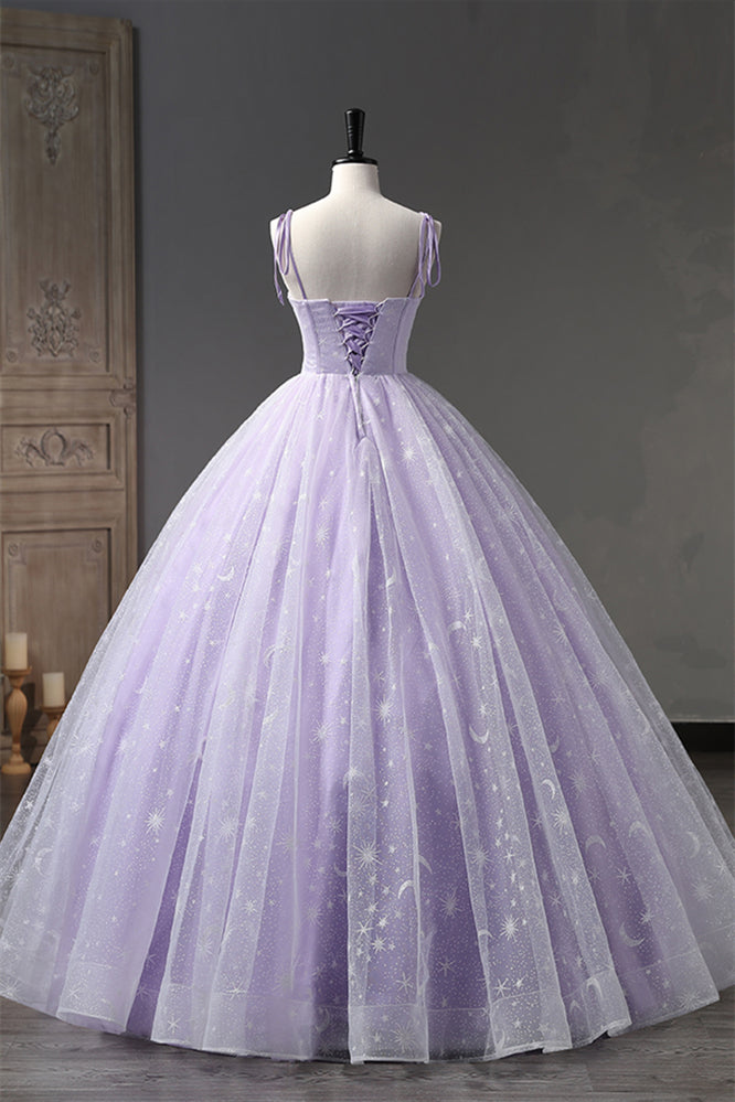 Lilac Bow Tie Shoulder Prints Long Prom Dress
