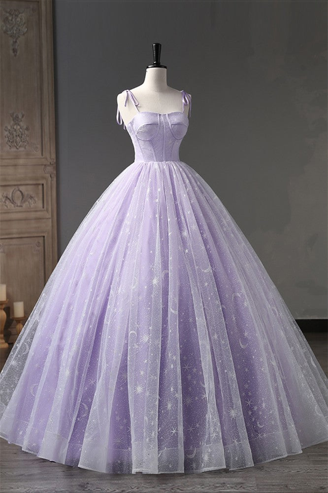 Lilac Bow Tie Shoulder Prints Long Prom Dress