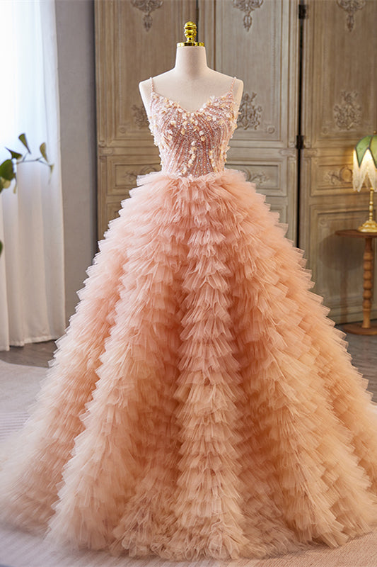 Orangepink Sequined A-line Multi-Layers Slip Long Prom Dress | Joyofdress Orangepink Sequined A-line Multi-Layers Slip Long Prom Dress | Joyofdress