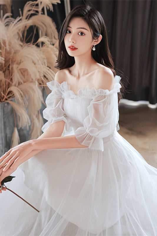 White Ruffle Off-the-Shoulder Tulle Homecoming Dress