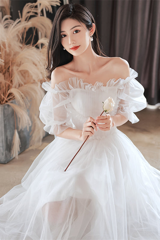 White Ruffle Off-the-Shoulder Tulle Homecoming Dress