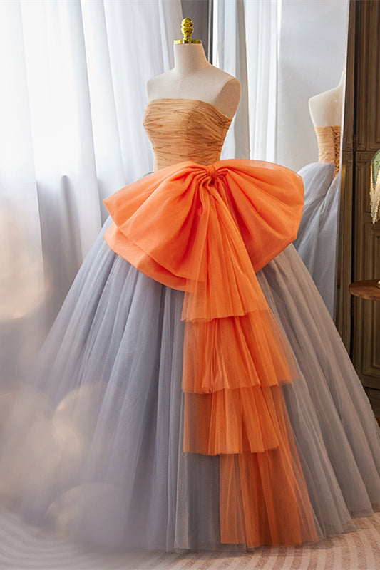 Grey Strapless A-line Tulle Long Prom Dress with Orange Bow